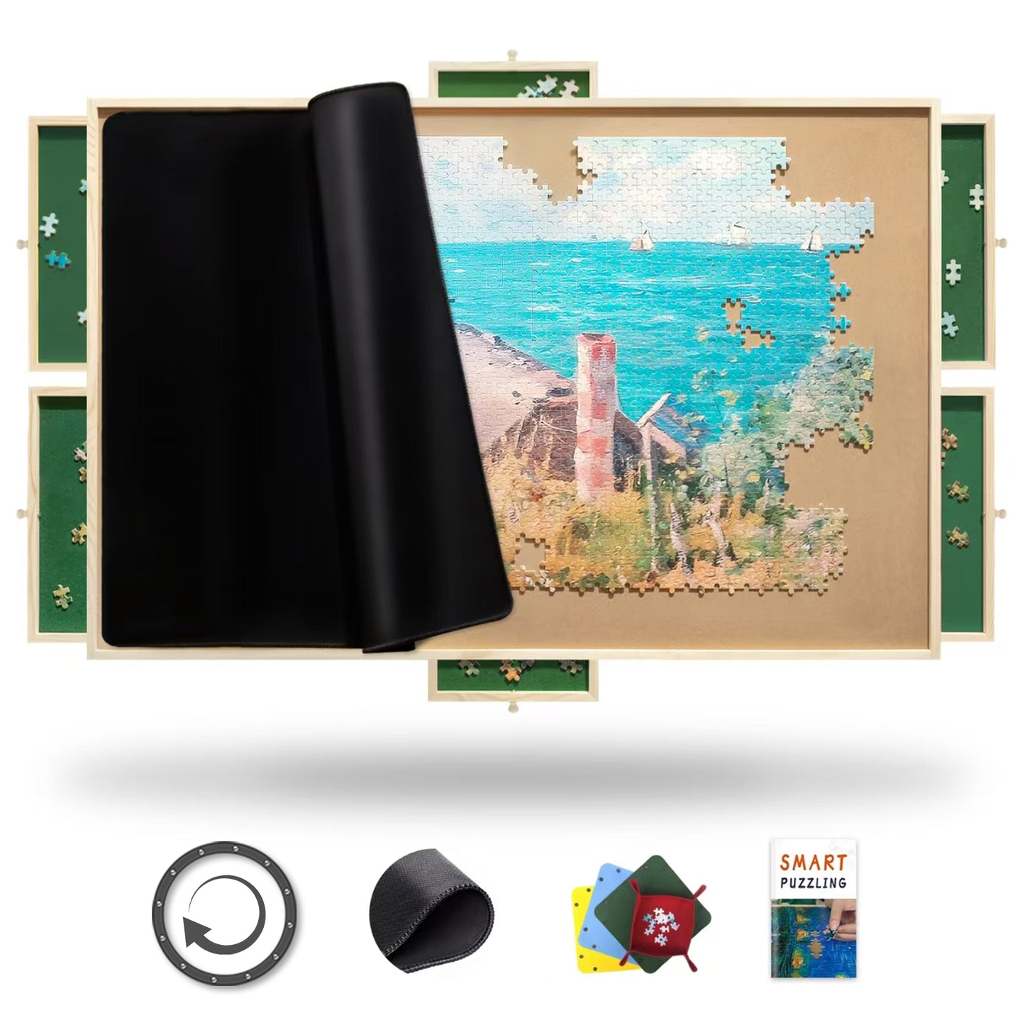 1000 Piece Rotating Puzzle Board Pro, 30" x 22", with 6X Drawers, Rubber Cover Mat, 360° Lasy Susan, Sort-Wise Felt Drawers & 4 Trays, Wooden Jigsaw Puzzle Table, Birthday Gifts for Mom, Green