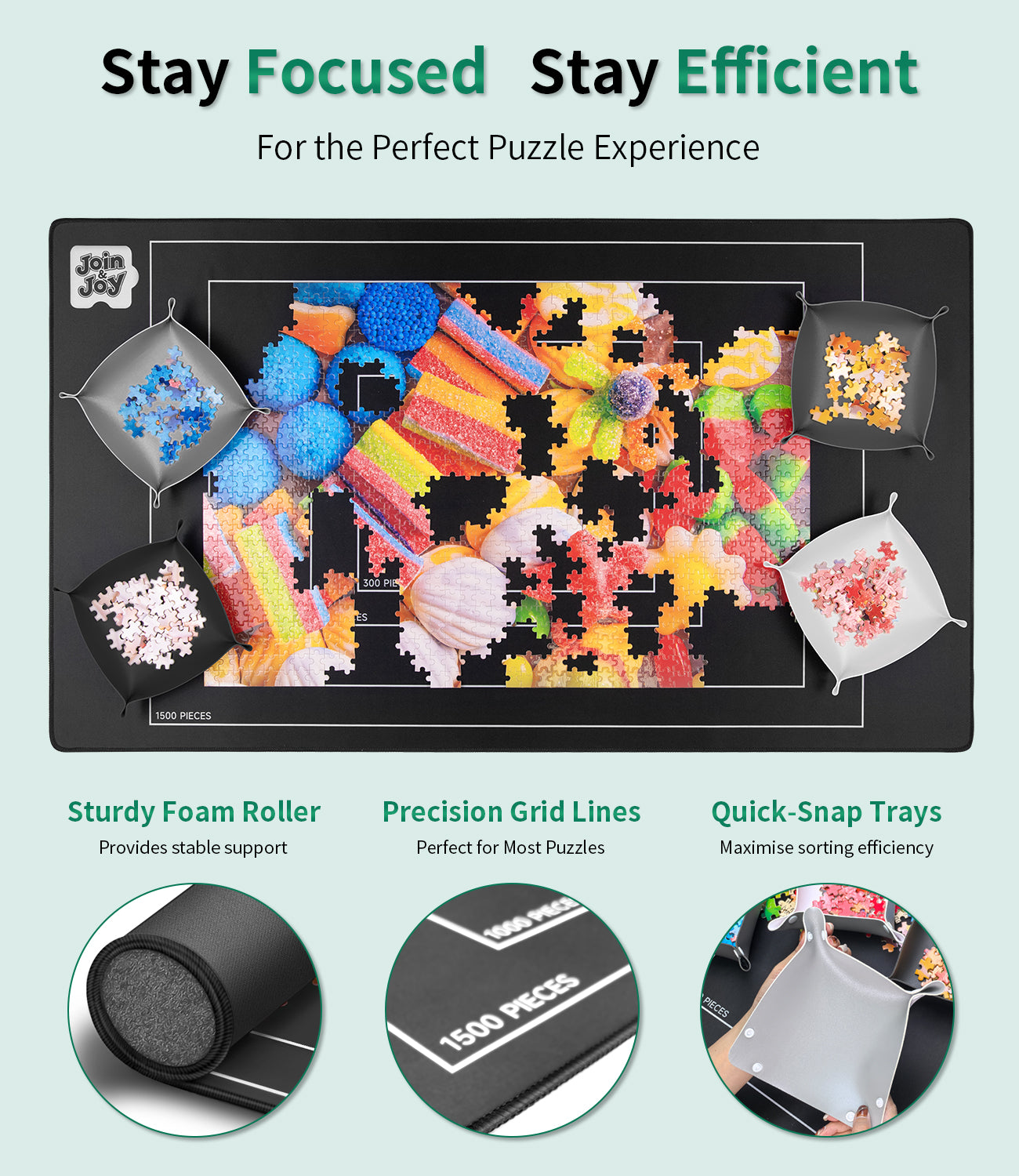 Jigsaw Puzzle Mat Roll Up, Rubber Saver Pad 46" x 26 ", with 4 Sorting Trays & Travel Storage Bag, Portable Rollup Puzzles Keeper, Up to 1500 Pieces