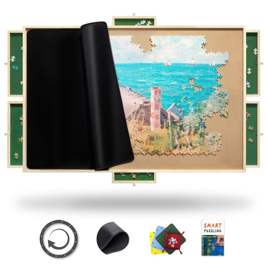 1000 Piece Rotating Puzzle Board Pro, 30" x 22", with 6X Drawers, Rubber Cover Mat, 360° Lasy Susan, Sort-Wise Felt Drawers & 4 Trays, Wooden Jigsaw Puzzle Table, Birthday Gifts for Mom, Green