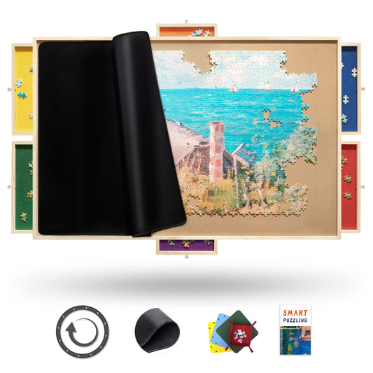 1500 Piece Rotating Puzzle Board Pro, 35" x 26", with 6x Drawers, Rubber Cover Mat, 360° Lasy Susan, Sort-Wise Colorful Felt Drawers & 4 Trays, Wooden Jigsaw Puzzle Table, Birthday Gifts for Mom